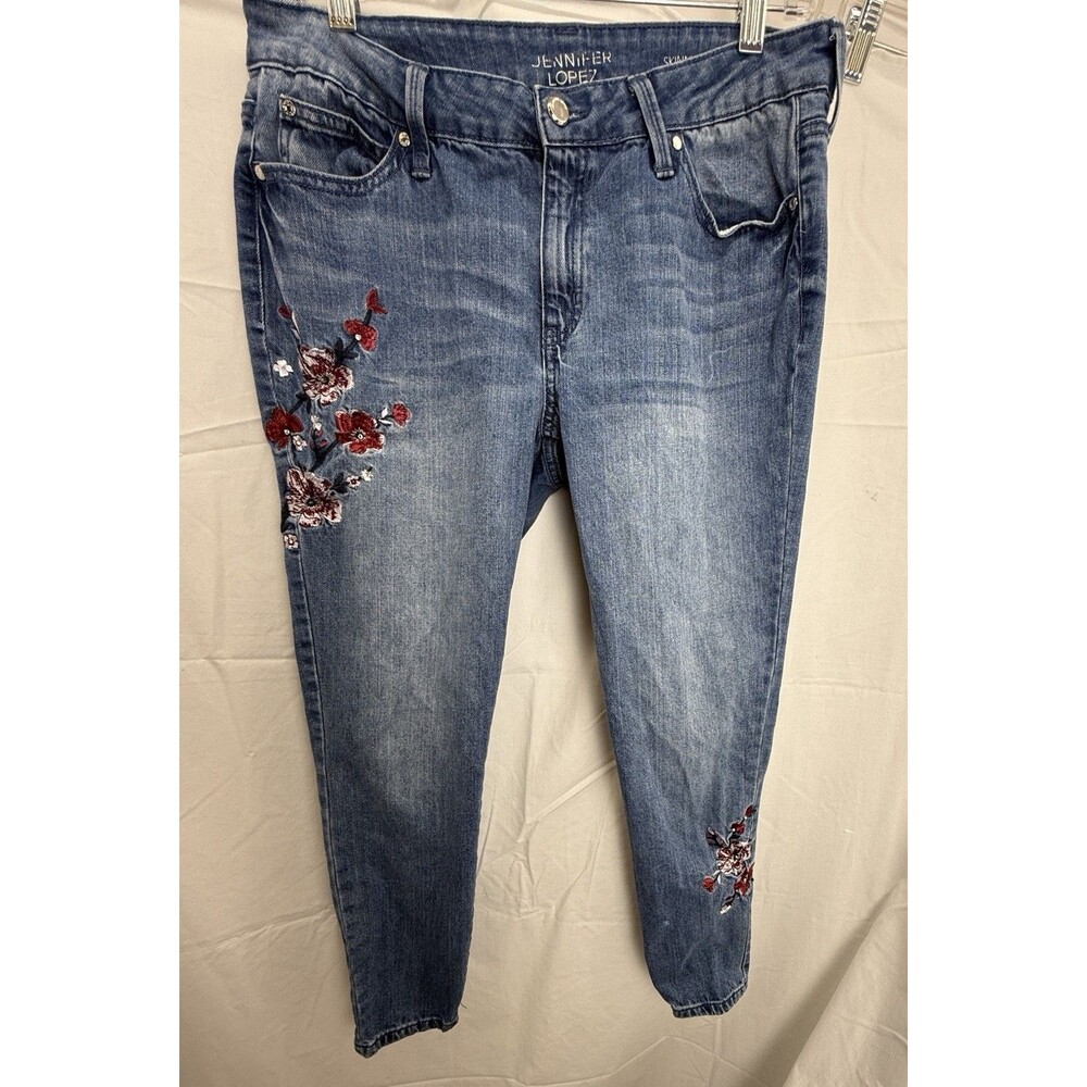 Jennifer Lopez Skinny Ankle Jeans Women’s 12 Light Wash Floral Embroidered JLO